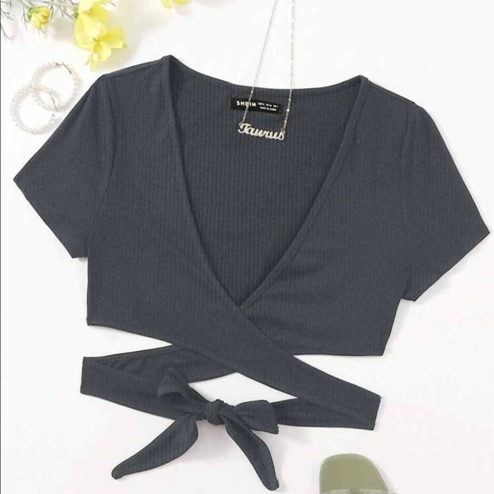plunging neck wrap cross tie shein shirt